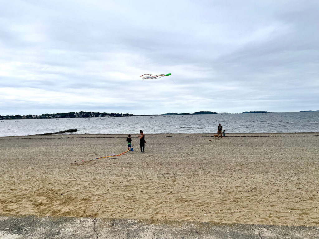 People flying kites on Wollaston Beach in Quincy, Massachusetts